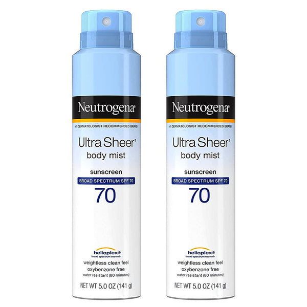 Two cans of Neutrogena Ultra Sheer Lightweight Sunscreen Spray SPF 70, 5oz each (2 pack), are positioned side by side against a white background.